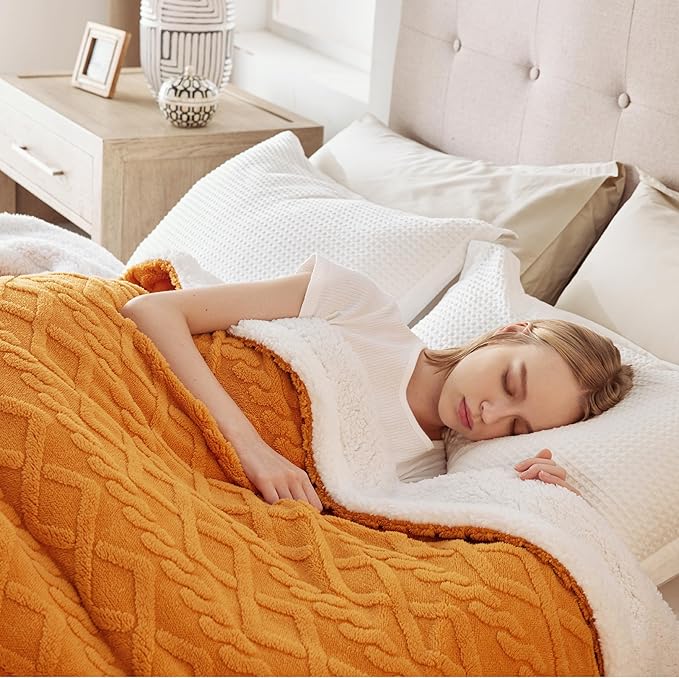 Bedsure Sherpa King Size Blanket for Bed- Fleece Soft Cozy Fuzzy Cable Blankets for Women, Thick Warm for Winter and All Seasons, Yellow, 108x90 Inches
