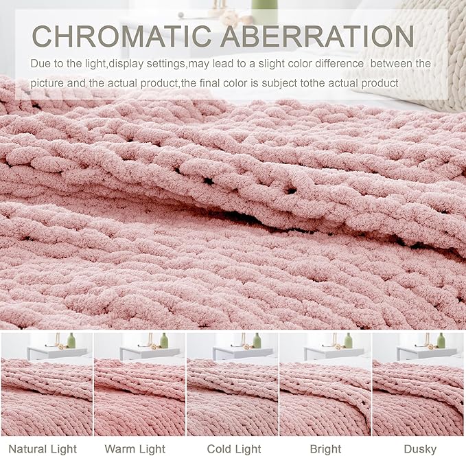 Chunky Knit Throw Blanket 50"X 60", 100% Handmade with Soft Chenille Yarn, 4.4lbs Thick Cable Knitted Blankets, Large Rope Knot Crochet Throws for Couch Sofa Bed Home Decor, Dusty Pink