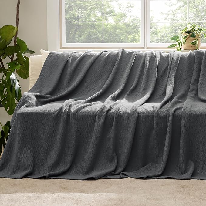 Bedsure 100% Cotton Large Throw Blanket for Couch 50x70 inches - Breathable and Lightweight, Soft Cozy Herringbone Woven Blanket for Summer Spring, Dark Grey
