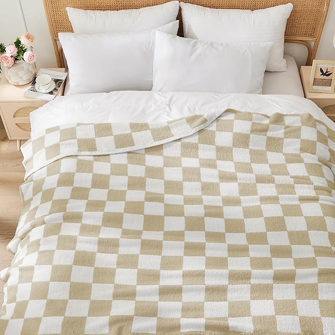 JOOJA Soft Cozy Checkerboard Beige Bed Blanket Fluffy Knit Throw Blanket Queen Size Plaid Checkered 90x90 in