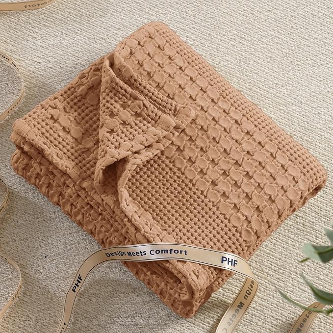PHF 100% Cotton Waffle Weave Throw Blanket, Soft Lightweight Breathable Cozy Summer Throws for Couch Bed Sofa, Luxury Aesthetic Woven Blanket for Home Decor & Office, 50"x60", Camel