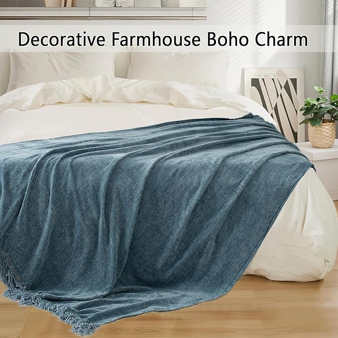 Chenille Throw Blanket for Couch 60"X 80" Twin, Soft Cozy Throws with Fringe Tassel for Bed Sofa Chair Cover, Lightweight Knitted Decorative Boho Blankets for Living Room, Dusty Blue