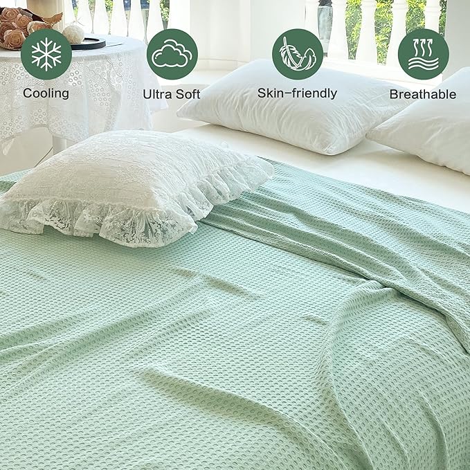 AmyHomie Cooling Blanket Queen Size, 100% Rayon Derived from Bamboo,Cool Summer Blanket for Hot Sleepers Soft Comfy Waffle Lightweight Blankets for All Seasons(90×90in,Sage Green)