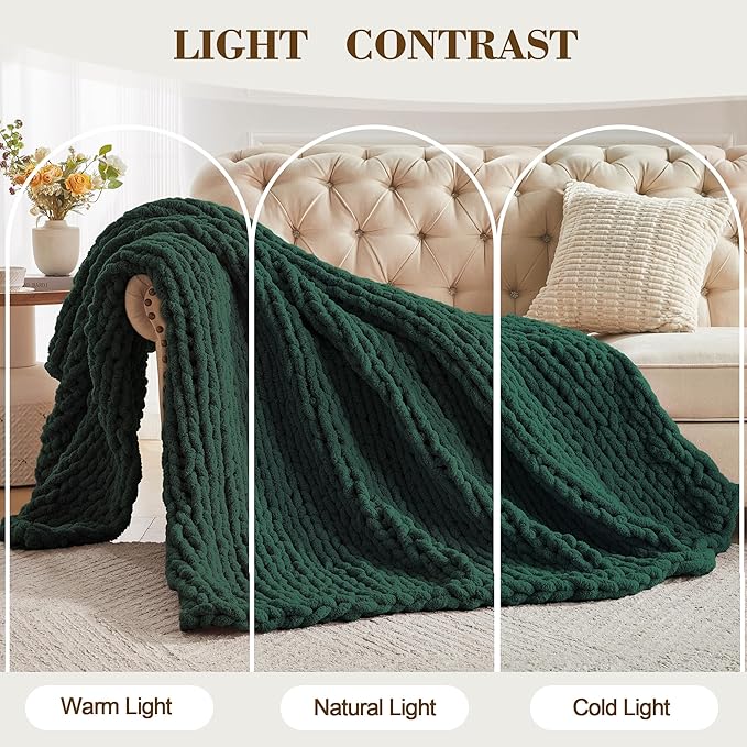 Carriediosa Chunky Knit Throw Blanket 60" X 80" Twin, 100% Hand Made Large Chenille Loop Yarn Soft Fluffy Throws for Couch Sofa Bed, Big Crochet Cozy Heavy Thick Cable Woven Blankets, Dark Green
