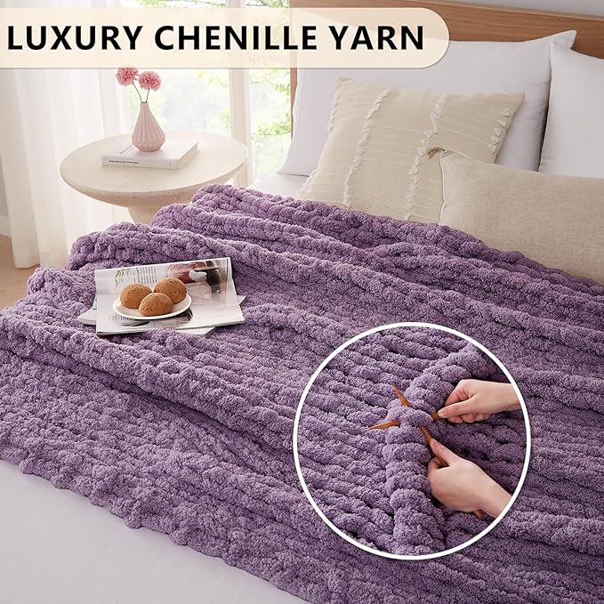 L'AGRATY Chunky Knit Blanket Throw: 60''x80'' Chenille Chunky Knitted Throw Blanket for Bed Couch - Handmade Thick Big Cable Knit Blanket - Large Crochet Rope Blanket for Home Decor(Deep Purple)