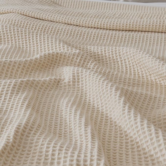 100% Cotton Blanket for Twin Size Bed - Tan Waffle Weave Lightweight Summer Bed Blanket - 90x66in Prewashed Breathable, Woven, Layering Blanket (Twin, Oatmeal)