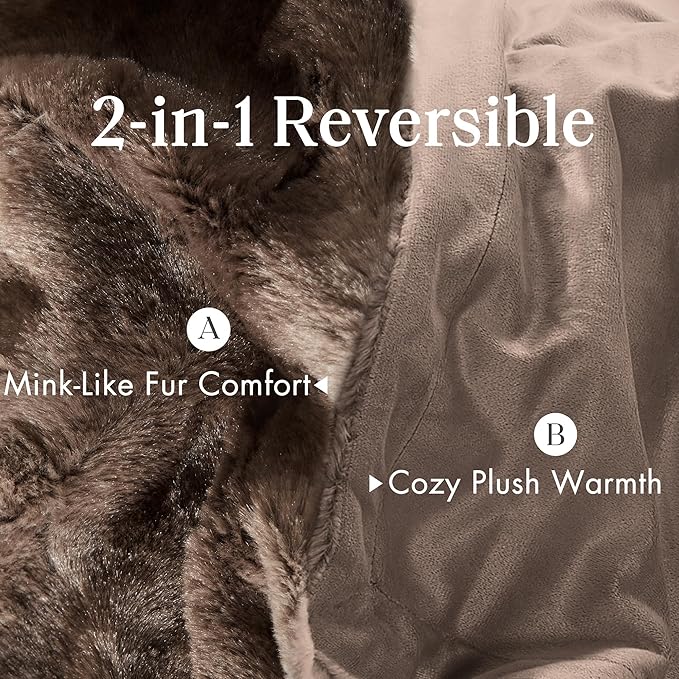 Zuri Ultra-Soft Poly Fur Reversible Plush Blanket - All Season & Lightweight Fuzzy Blanket for Bed, Couch & Sofa - Twin/Twin XL Brown