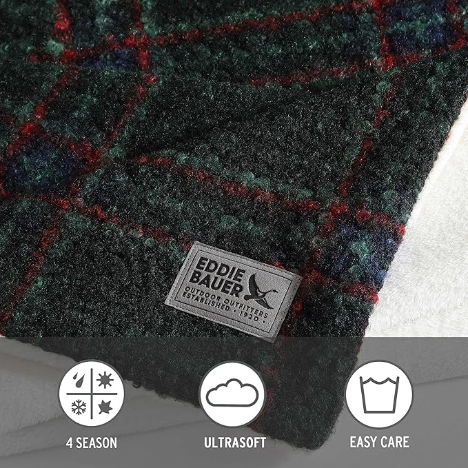 Eddie Bauer - Throw Blanket, Boucle Bedding with Faux Fur Reverse, Soft & Cozy Plaid Home Decor (Tarrytown Plaid Green, 50" x 70")