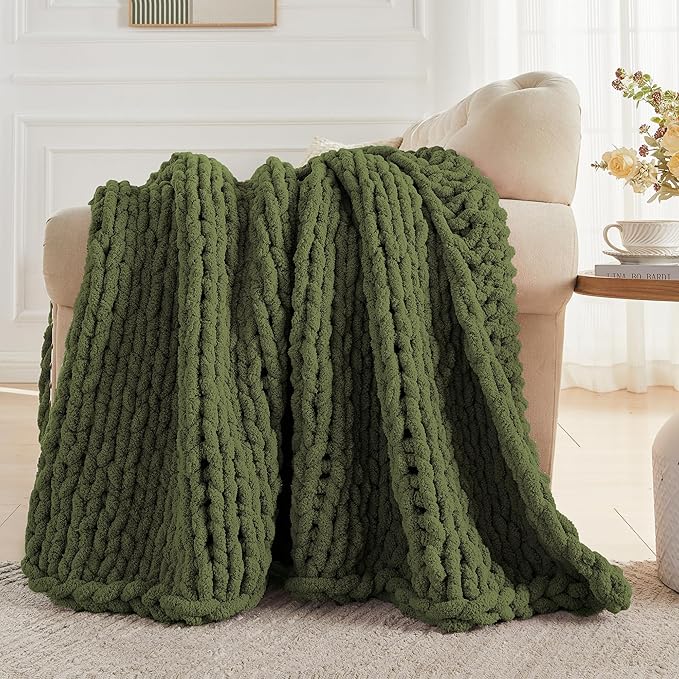 Carriediosa Chunky Knit Throw Blanket 60" X 80" Twin, 100% Hand Made Large Chenille Loop Yarn Soft Fluffy Throws for Couch Sofa Bed, Big Crochet Cozy Heavy Thick Cable Woven Blankets, Olive Green