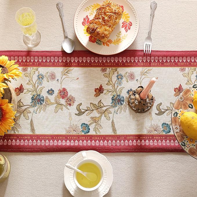 patdrea Designer Farmhouse Linen Table Runner, Rustic Cottage Mauve with Rooster and Floral Pattern Fabric Table Mat, Decoration for Kitchen Dining Coffee Table Banquet Christmas , 12"*71"