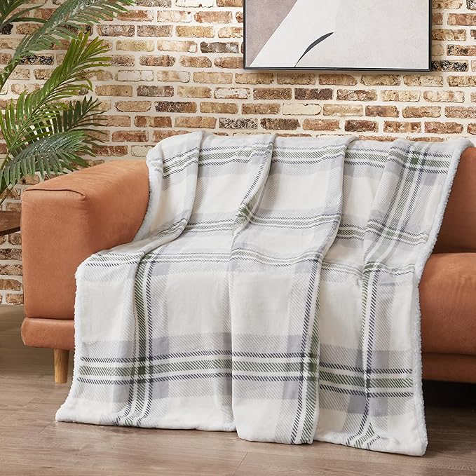 Lucky Brand Sherpa Plaid Grey/Olive 50"X70" Cozy Plush Blanket - Premium Microfiber Throw for Luxurious Comfort and Style