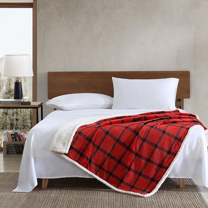 Eddie Bauer - Throw Blanket, Super Soft Reversible Sherpa Fleece Bedding, Ideal Christmas & White Elephant Gifts, Cozy Plaid Throw Blankets for Couch (Bunkhouse Plaid Red, Throw)
