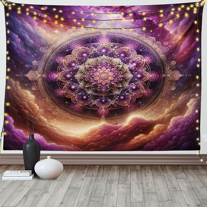 Ambesonne Purple Tapestry, Symmetric Universe Folk Ethnic Art Design Mandala with Galaxy Space Clouds, Wide Wall Hanging for Bedroom Living Room Dorm, 60" X 40", Fuchsia and Amber