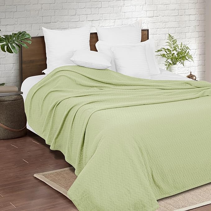 BELIZZI HOME 100% Cotton Bed Blanket, Breathable Thermal Blanket Full - Queen Size, Soft Chevron 90''x90'', Perfect for Layering Any All Season, Sage Green