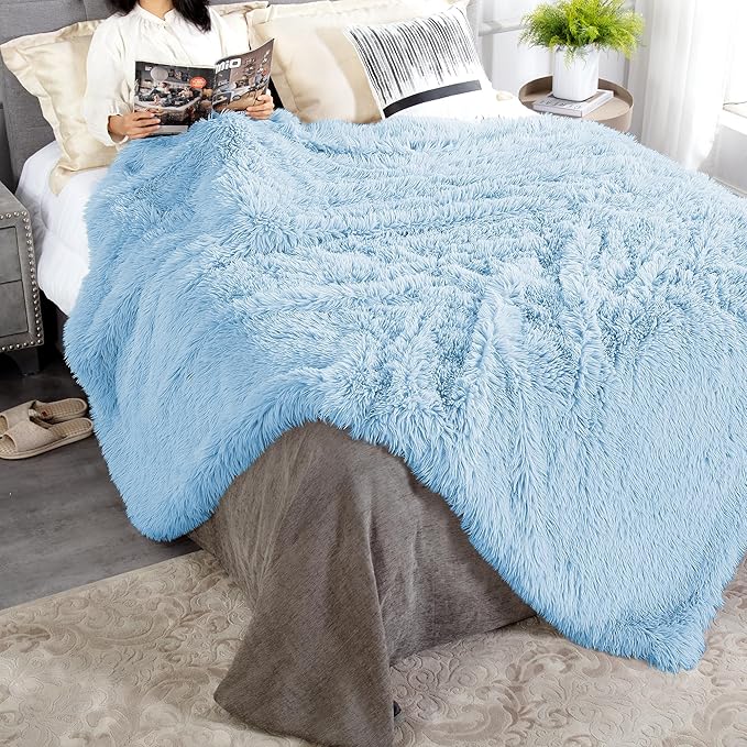 JONIYEAR Oversized Decorative Fluffy Faux Fur Throw Blanket Twin Size 60" x 71",Soft Large Luxury Lightweight Furry Blanket,Accent Cozy Shaggy Plush Thick Warm Fuzzy Blankets for Winter Bed Couch,Blue
