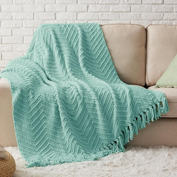 Bedsure Throw Blankets for Couch - Textured Chunky Knit Woven Chenille Blanket - Super Soft, Warm Decorative Boho Throw with Tassels for Bed, Sofa and Living Room Decor, Sky Teal, 50x60 Inches