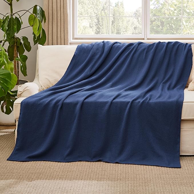 Bedsure 100% Cotton Large Throw Blanket for Couch 50x70 inches - Breathable and Lightweight, Soft Cozy Herringbone Woven Blanket for Summer Spring, Navy Blue
