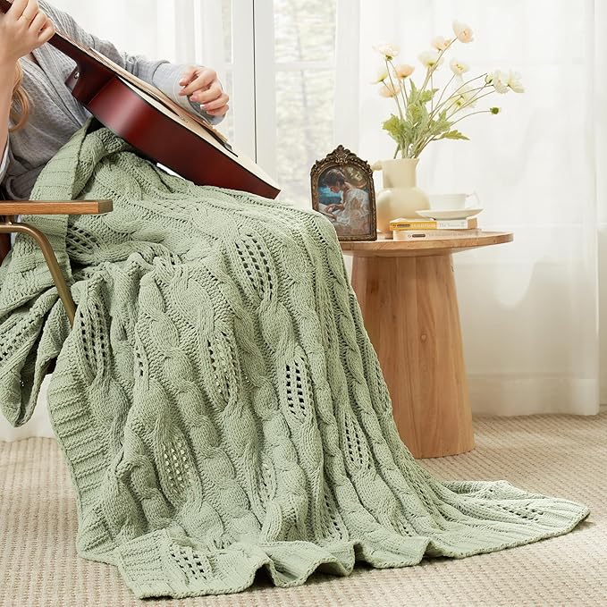 Amélie Home Chunky Knit Chenille Throw Blanket, Breathable Cable Knitted Blanket for Couch, Farmhouse Decorative Throw for Sofa Chair Bed, 50"x60", Sage Green
