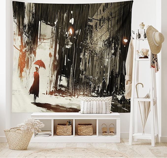 Ambesonne Fantasy Tapestry, Woman with Umbrella in Rain Old Town Ruins Apocalypse Superhero Action Desgin, Wall Hanging for Bedroom Living Room Dorm Decor, 40" X 60", Army Green Beige