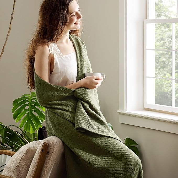 Bedsure 100% Cotton Large Throw Blanket for Couch 50x70 inches - Breathable and Lightweight, Soft Cozy Herringbone Woven Blanket for Summer Spring, Olive Green