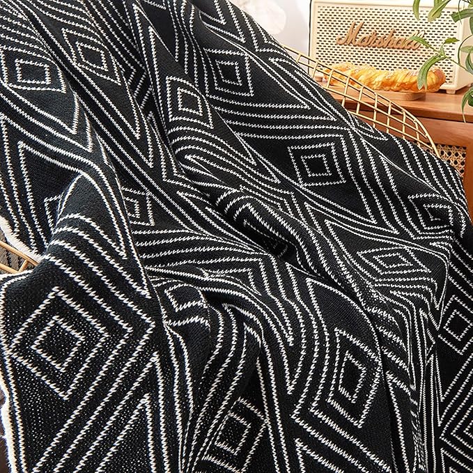 Black and White Throw Blankets Queen Size, Knitted Modern Patterned Throw Blanket, Soft Lightweight Woven Throw Blanket for Sofa Couch Bed and Living Room, Black&White (60x80 Inch)