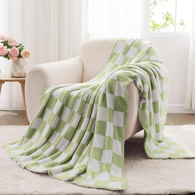 Super Soft Luxurious Warm Checkered Throw Blanket - Reversible for Couch, Bed, Sofa - 60x80 Inches - Green and White