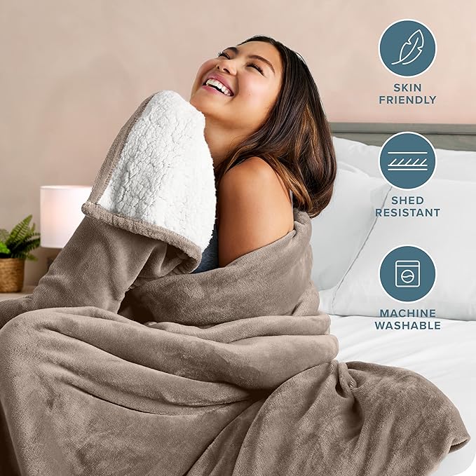 Bare Home Sherpa Fleece Blanket - King Size - Blanket for Bed, Sofa, and Couch - Warm & Lightweight - Fluffy & Soft - Reversible (King, Taupe)