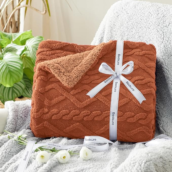 Bedsure Sherpa Fleece Blanket Twin Size for Bed - Fuzzy Soft Cozy Cable Throw for Couch, Thick Warm Blankets for Winter, Orange, 60x80 Inches