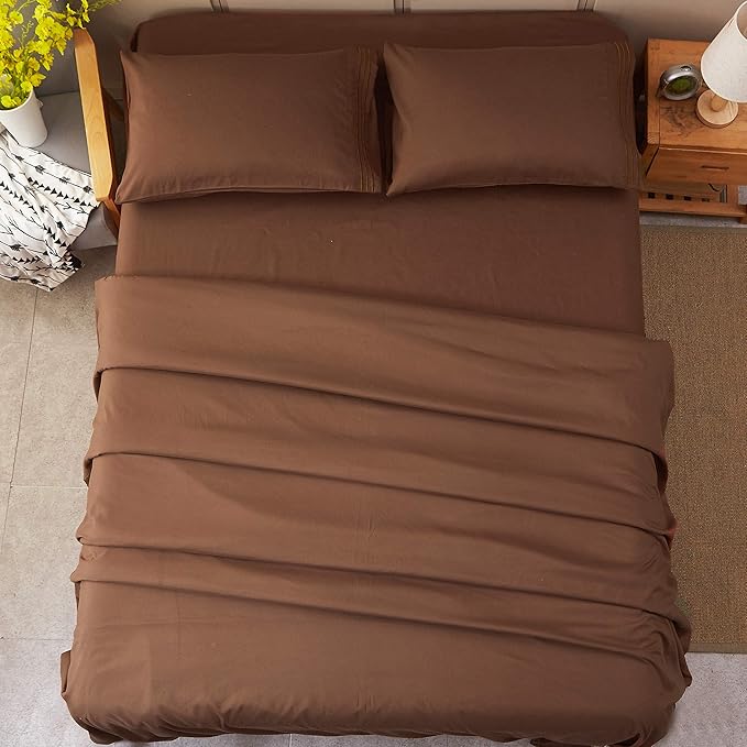SONORO KATE Bed Sheet Set Super Soft Microfiber 1800 Thread Count Luxury Egyptian Sheets 16-Inch Deep Pocket Wrinkle and Hypoallergenic-4 Piece(King Brown)