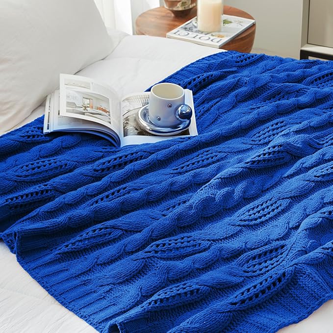 Amélie Home Chunky Knit Chenille Throw Blanket, Breathable Cable Knitted Blanket for Couch, Farmhouse Decorative Throw for Sofa Chair Bed, 50"x60", Blue