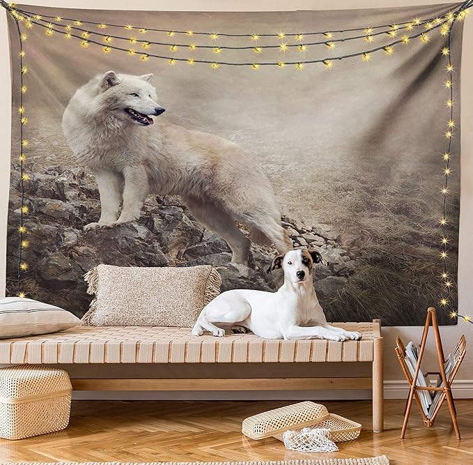 Ambesonne Animal Tapestry Queen Size, White Wolf on Rocks at The Night Misty Weather Wildlife Nature Scenery Print, Wall Hanging Bedspread Bed Cover Wall Decor, Queen Size, Warm Taupe