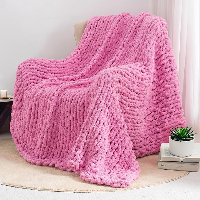 Chunky Knit Throw Blanket 60"X 80", 100% Handmade with Soft Chenille Yarn, 4.4lbs Thick Cable Knitted Blankets, Large Rope Knot Crochet Throws for Couch Sofa Bed Home Decor, Hot Pink