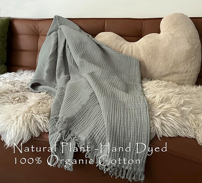 100% Cotton Blankets King 90" x104“ Muslin Throw Blanket for Adult, Bed, Couch, Pre-Washed, Breathable Lightweight Gauze Soft Blanket w/Fringe, All Season, (Sage Green)