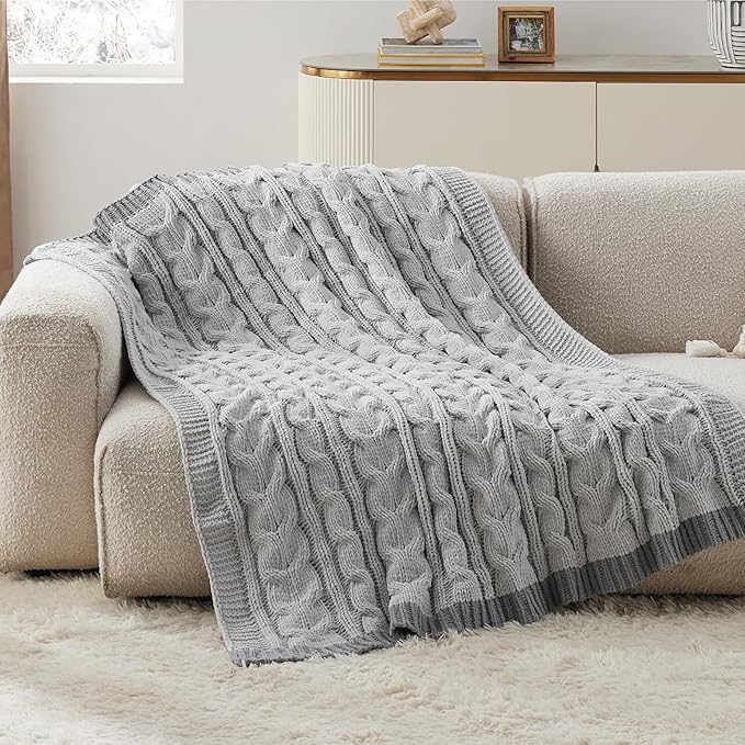 Bedsure Cable Knit Twin Blanket for Couch Bed - Chenille Chunky Knit Twin Blanket for Winter and All Seasons, Soft Cozy and Warm, Grey, 60x80 Inches