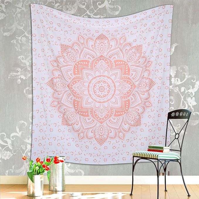 raajsee Glittering Rose Gold Pink Tapestry Wall Hanging Mandala-Bohemian Room Decor-Indian Cotton Throw Hippie Tapestries -Boho Bedding White Golden Queen Bedspread 82x92 inches