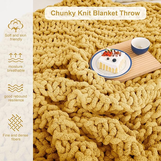 Knit Blanket 50"x60" Yellow Cream Soft Washable Chenille Throw Blanket Cozy 100% Handmade Crochet Blankets with Jumbo Chenille Yarn for Couch Bed Sofa Room Decor