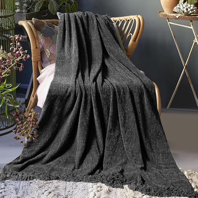 Chenille Throw Blanket for Couch 50"X 60", Soft Cozy Throws with Fringe Tassel for Bed Sofa Chair Cover, Lightweight Knitted Decorative Boho Blankets for Living Room, Dark Grey