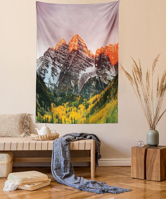 Ambesonne Mountain Tapestry Queen Size, Scenic Western American Mountains on Valley with Snowy Peaks at Sunset Landscape, Wall Hanging Bedspread Bed Cover Wall Decor, 88" X 88", Mauve Brown