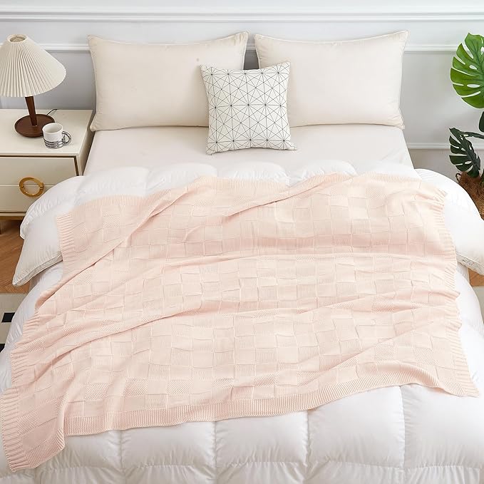 Aganear Knit Throw Blanket for Couch, Checkered Cable Knitted Throw Blanket for All Seasons, Soft Cozy Lightweight Knit Blanket for Bed Office Travel Boho Pink Decor (50"x60", Cream)