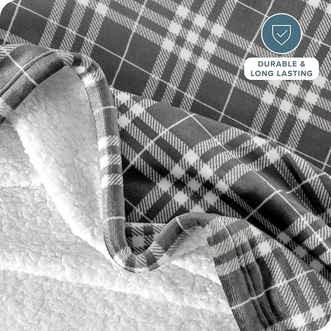 Bare Home Sherpa Fleece Blanket - Twin/Twin Extra Long - Blanket for Bed, Sofa, and Couch - Warm & Lightweight - Fluffy & Soft - Reversible (Twin/Twin XL, Stirling Plaid - Grey/White)