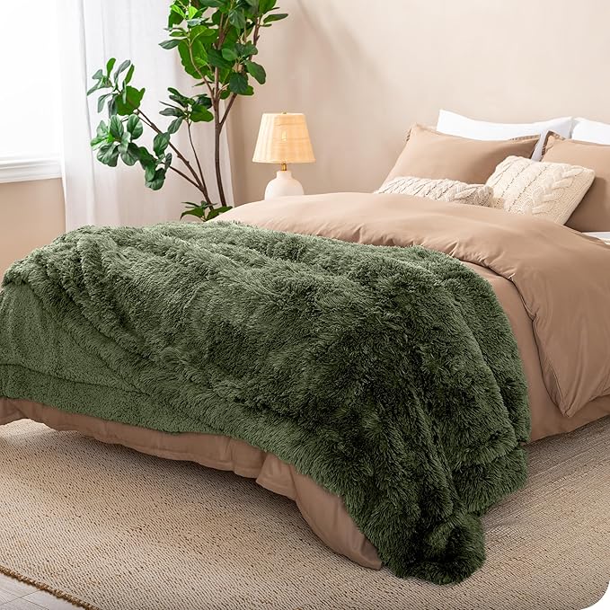 Bare Home Shaggy Faux Fur Sherpa Blanket - Super Soft, Fuzzy, Fluffy - Reversible Cozy Warm Blanket for Couch, Sofa, Chair, Bed - Luxury Home Decor (Throw/Travel, Cypress)