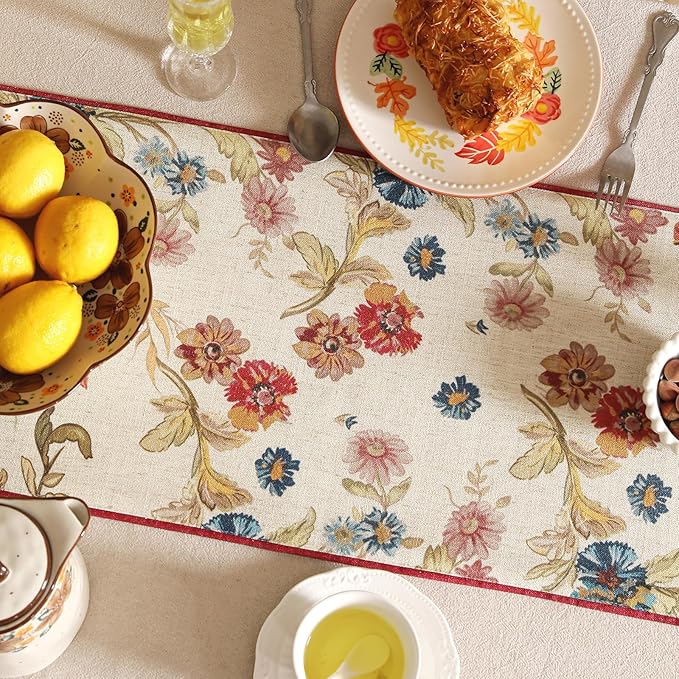 patdrea Designer Farmhouse Linen Thick Table Runner, Rustic Cottage Beige with Floral Pattern Fabric Table Mat, Decoration for Kitchen Dining Coffee Table Banquet Christmas , 12"*71"