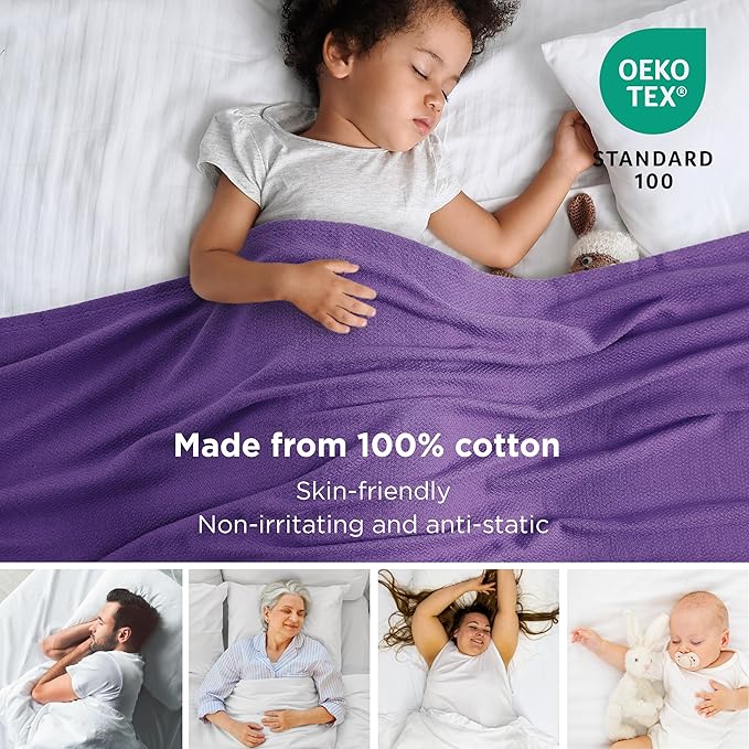Bedsure 100% Cotton Blanket King Size for Bed - Breathable and Lightweight, Soft Cozy Textured Herringbone Woven Blanket for Summer Spring, Purple, 108x90 inches