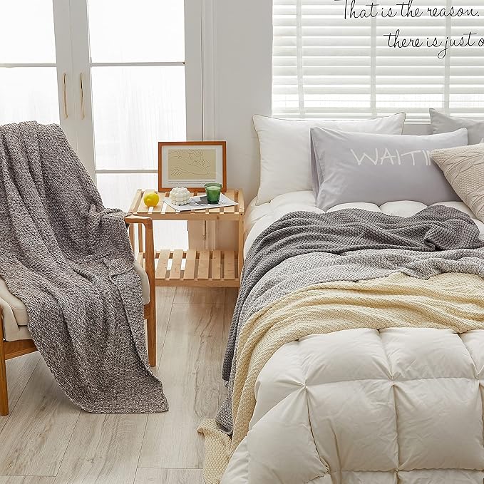 Longhui bedding Coffee Knitted Throw Blanket for Couch, Soft, Cozy Machine Washable 100% Cotton Sofa Knit Blankets, Heavy 4.0lb Weight, 60 x 80 Inches, Coffee and White Color.