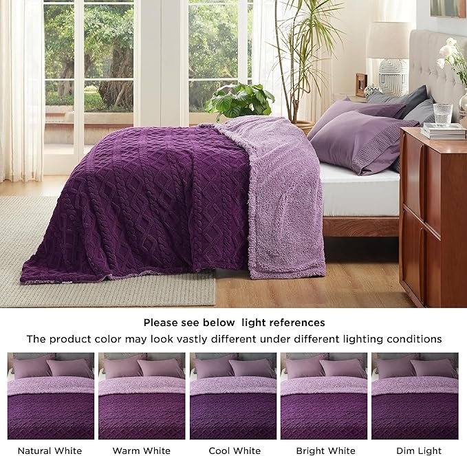 Bedsure Sherpa Queen Size Blanket for Bed - Fleece Soft Cozy Fuzzy Cable Blankets for Women, Thick Warm for Winter and All Seasons, Purple, 90x90 Inches