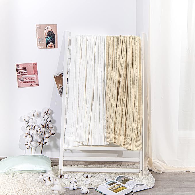 NTBAY 100% Pure Cotton Cable Knit Throw Blanket, Super Soft Warm 51x67 Knitted Throw Blanket for Couch, Sofa, Chair, Bed - Extra Cozy, Machine Washable, Comfortable Home Decor, White