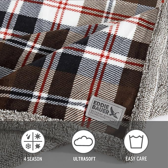 Eddie Bauer - Throw Blanket, Reversible Sherpa Plush Bedding, Plaid Home Decor, Oeko-Tex Certified (Trailhead Plaid Brown, Throw)