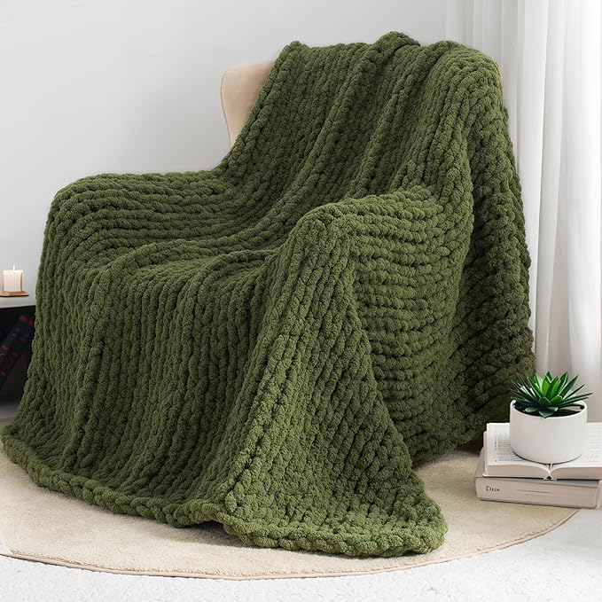 Chunky Knit Throw Blanket 50"X 60", 100% Handmade with Soft Chenille Yarn, 4.4lbs Thick Cable Knitted Blankets, Large Rope Knot Crochet Throws for Couch Sofa Bed Home Decor, Olive Green