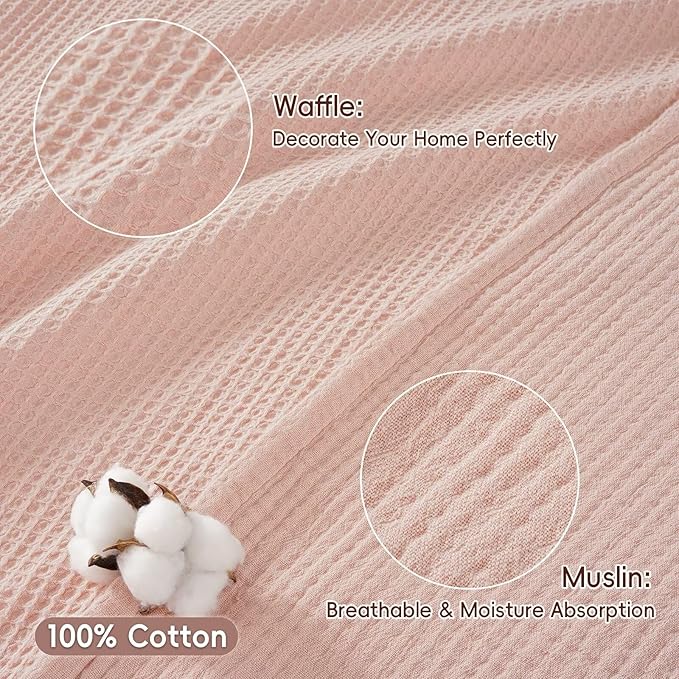 PHF 100% Cotton Waffle Muslin Throw Blanket Large 50" x 70", Lightweight and Breathable Washed Cotton Blanket, Aesthetic Soft Muslin Waffle Bedding for Sofa Bed Home Decor, Rose Smoke