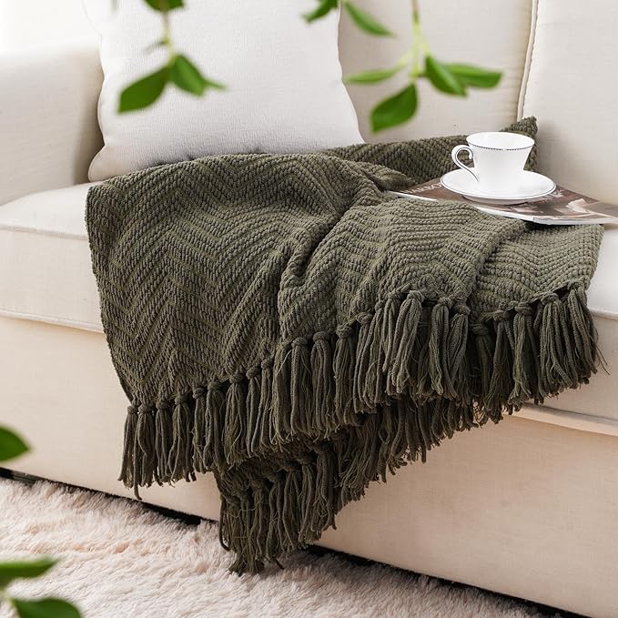 BATTILO HOME Olive Green Throw Blanket for Couch, Knit Throw Blanket,Super Soft Warm Home Decor Throw Tassels Bed,Sofa and Living Room,50" x 60"